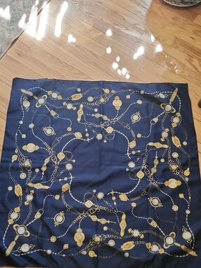 Navy Blue And Gold Chain Motif Scarf 30 X 30"